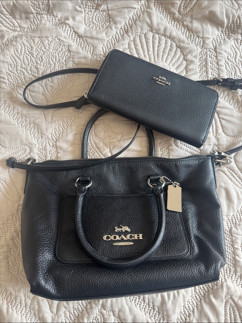 Coach Black Pebbled Leather Shoulder Tote with Matching Wallet